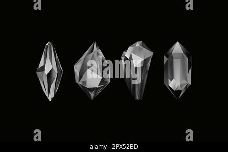 Glass shiny crystals with different shades reflecting light.A collection of images of black diamonds of various geometric shapes and sizes.Vector realistic set of glow gemstone or colorful ice. Stock Vector