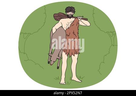 Caveman from stone age in traditional tribe clothing hold prey in hands. Primitive archaic man with cudgel. Tribal times. Flat vector illustration, cartoon character. Stock Vector