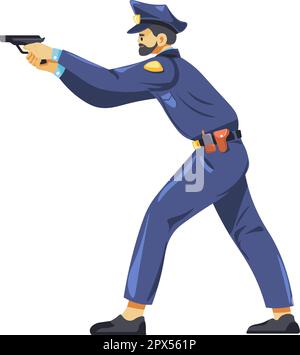 Policeman with pointing gun. Police officer shooting attack cartoon ...