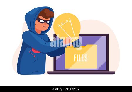 Idea theft, plagiarism, man in mask stealing light bulb idea from another owner. Hacker works on laptop. Anonymous criminal, intellectual property Stock Vector
