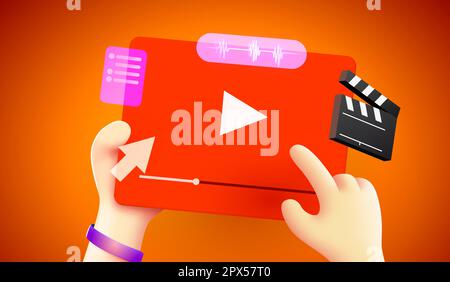 Cute 3d hands are holding a video player. Video editing concept. Vector illustration Stock Vector