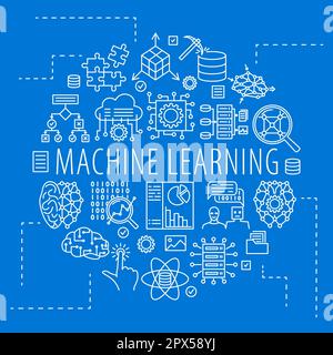 Machine learning and data science round banner in line style. Vector illustration. Stock Vector