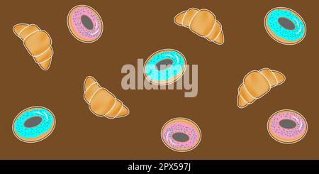 seamless pattern with croissants and donuts on chocolate background Vector EPS10 Stock Vector