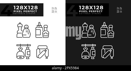 Barbecue food pixel perfect linear icons set for dark, light mode Stock Vector