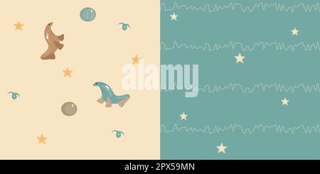 two seamless pattern children's drawings of a seal with a ball green blue background. Vector EPS10 Stock Vector