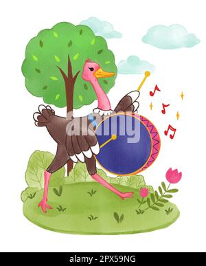 Ostrich is drumming in garden . Realistic watercolor paint with paper textured . Cartoon character design . Vector . Stock Vector