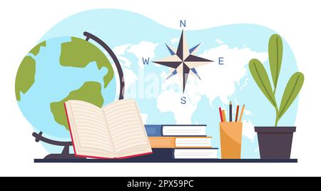 Geography school kit, globe and books, map and writing materials. Travel in foreign countries, objects on table, learning tools cartoon flat isolated Stock Vector