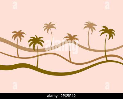 Line landscape outline with palm trees. Landscape painted with stripes in retro style. Contour of the landscape with palm trees. Design for print deco Stock Vector