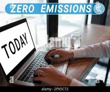 Hand writing sign Zero Emissions, Word Written on emits no waste products that pollute the environment Stock Photo