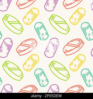 Pills seamless pattern. Hand drawn vector background in doodle sketch style. Pharmacy medical design Stock Vector