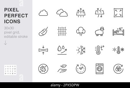 Blanket pillow properties line icon set. Cushion, lush, breathing, fluff, filler, waterproof minimal vector illustration. Simple outline sign for Stock Vector