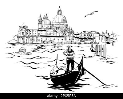 Gondolier in gondola on Grand Canal, Saint Mary of Health in background, Venice, Italy. Black and white Stock Photo