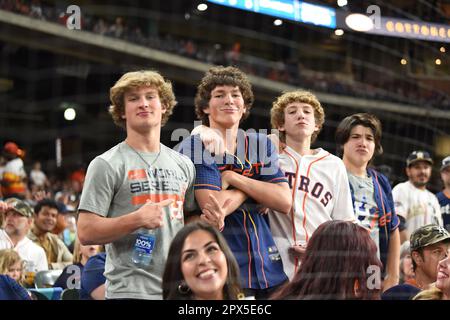 Astros fans during the MLB game between the Philadelphia Phillies and the  Houston Astros on Friday, April 28, 2023, at Minute Maid Park in Houston,  Te Stock Photo - Alamy