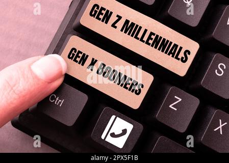 Text showing inspiration Gen Z Millennials Gen X Boomers, Business showcase Generational differences Old Young people Stock Photo