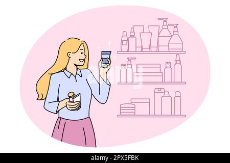 Smiling girl choose beauty product tube from shelf in store. Happy young woman buy cosmetic bottle or perfume from cosmetology store. Skincare and facial treatment. Vector illustration. Stock Vector