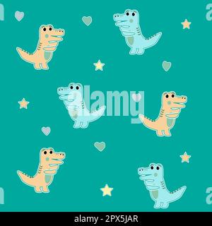 seamless pattern children's dinosaurs crocodiles stars hearts Vector EPS10 Stock Vector
