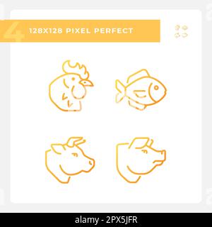 Meat and fish products pixel perfect gradient linear vector icons set Stock Vector