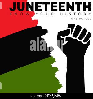 Juneteenth poster template. Black silhouette Of Clenched fist, raised hand and Textured Red, Black, Green Flag. National African American Independence Stock Vector