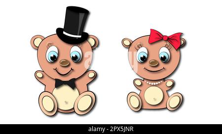 Two cute, beautiful, brown bear girl and boy with big head and blue eyes in a cylinder and bow tie, bow and pearl necklace with shadow on white backgr Stock Vector