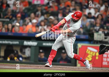 Houston, United States. 28th Apr, 2023. Philadelphia Phillies designated  hitter KYLE SCHWARBER batting in the first inning during the MLB game  between the Philadelphia Phillies and the Houston Astros on Friday, April