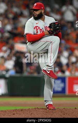 Philadelphia Phillies relief pitcher JOSE ALVARADO closes out the victory for the Phillies in the bottom of the ninth inning during the MLB game betwe Stock Photo
