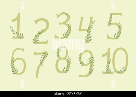 Numbers from Zero to Ten with plant branches. Hand drawn vector art. Botanical colors Stock Vector