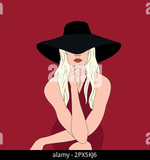 Beautiful blonde woman in a hat covering her eyes. Girl posing in a big black hat on a burgundy background. Hand drawn vector art Stock Vector