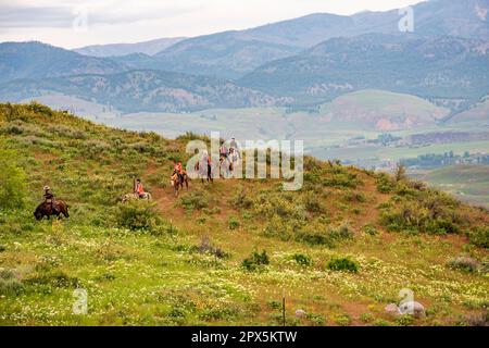 Women in orange rain jackets ride horses along a trail on Sun Mountain with near Winthrop, Washington. Stock Photo