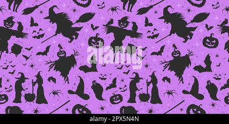 Pumpkins, spiders on violet, purple background Stock Vector