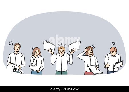 Unhappy businesspeople with paperwork frustrated with bad financial results. Upset confused employees or workers with documents failed with company statistics. Flat vector illustration. Stock Vector
