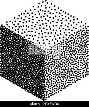 Stipple cube ink paint. Stippling geometry pointillism cube. Isolated on white Stock Vector