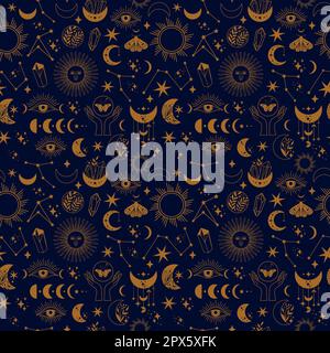 Seamless space pattern on a blue background. Boho illustration with moon, sun, dragonflies, stars, wallpapers for astrology, tarot, esotericism Stock Vector