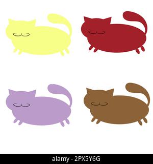 A set of silhouette icons of thick, multi-colored cats with a mustache, on a white background. Vector illustration. Stock Vector