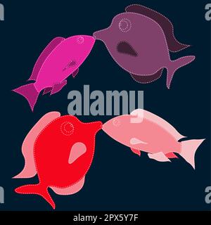 Two pairs of lovers, cute, beautiful, red, pink, purple fish stitched with white threads kiss on a dark blue background. Illustration of kissing fish Stock Vector
