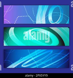 A set of three abstract multicolored backdrops of abstract bright energetic modern digital textures of the future magical fashion blue lines of beauti Stock Vector