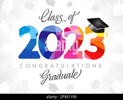 Class of 2023 number logo. Graduation banner. Prom invitation design. Greeting card concept with stained glass colorful sign 20 23. Graduating poster Stock Vector