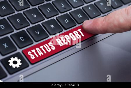 Text caption presenting Status Report, Word for Update Summary of situations as of a period of time Stock Photo
