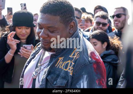 London, UK. 20th Apr, 2023. Big Narstie, rapper and social media influencer take part during the event. The 420 event held on 20th of April is an international event to celebrate the cannabis culture in Hyde Park and calls for its legalisation. Several thousand people attended the event, the majority of them were smoking cannabis. (Credit Image: © Ian Davidson/SOPA Images via ZUMA Press Wire) EDITORIAL USAGE ONLY! Not for Commercial USAGE! Stock Photo