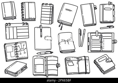 Doodle illustration set of notebooks, stationery and planners. Hand drawn icons of bullet journal, diary book and calendar. Graphic outline elements for writing isolated on white background. Stock Vector