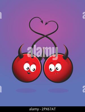 Cherries characters. Two cartoon devil cherries illustration. Stock Vector
