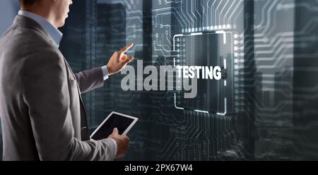 Testing Business Process. Man clicks on the inscription. Abstract design of illustrations with the inscription Testing. Stock Photo