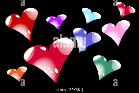 Many multicolored, bright, motley hearts with beautiful white highlights and reflections to the day of St. Valentine on a black background. Vector ill Stock Vector