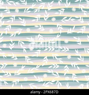 Simple seamless pattern with cute flowers and leaves. Simple spring pattern with strip Stock Vector