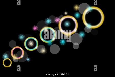 Abstract, multicolored, neon, shiny, bright, glowing circles, spheres, bubbles, planets with stars on a black background of space. Vector illustration Stock Vector