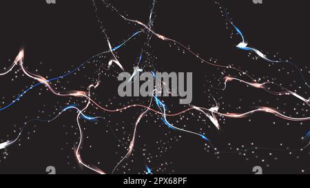 Beautiful purple abstract magical energy electric cosmic fiery shiny glowing lightning, lines, stripes with sparks on a black background. Vector illus Stock Vector