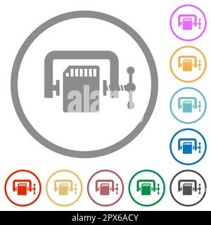 SD memory card compress solid flat color icons in round outlines on white background Stock Vector