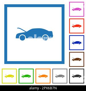 Car hood open dashboard indicator flat color icons in square frames on white background Stock Vector