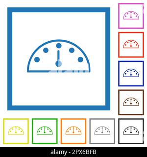 Speedometer outline flat color icons in square frames on white background Stock Vector
