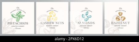 Nuts Logo Templates Set. Hand Drawn Almonds, Pistachios, Cashew and Hazelnut Sketches with Retro Typography. Premium Plant Based Vegan Food Badge Stock Vector