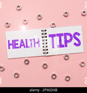 Conceptual caption Health Tips, Word Written on state of complete physical mental and social well being Stock Photo